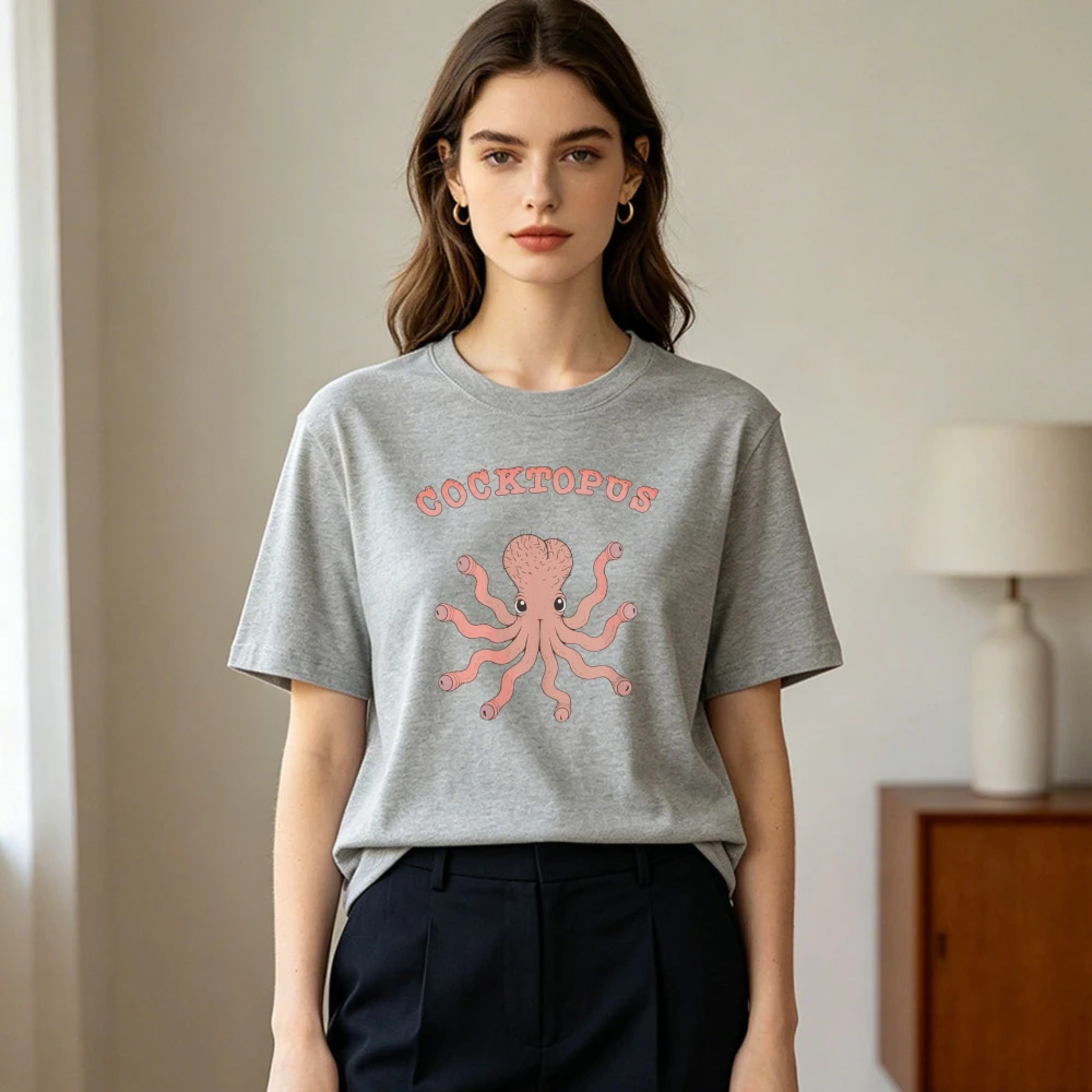Cute Octopus Animal Print Tee Summer Casual Women Short Sleeve Cotton Loose Streetwear Novelty Marine Creature Daily Gift Tops