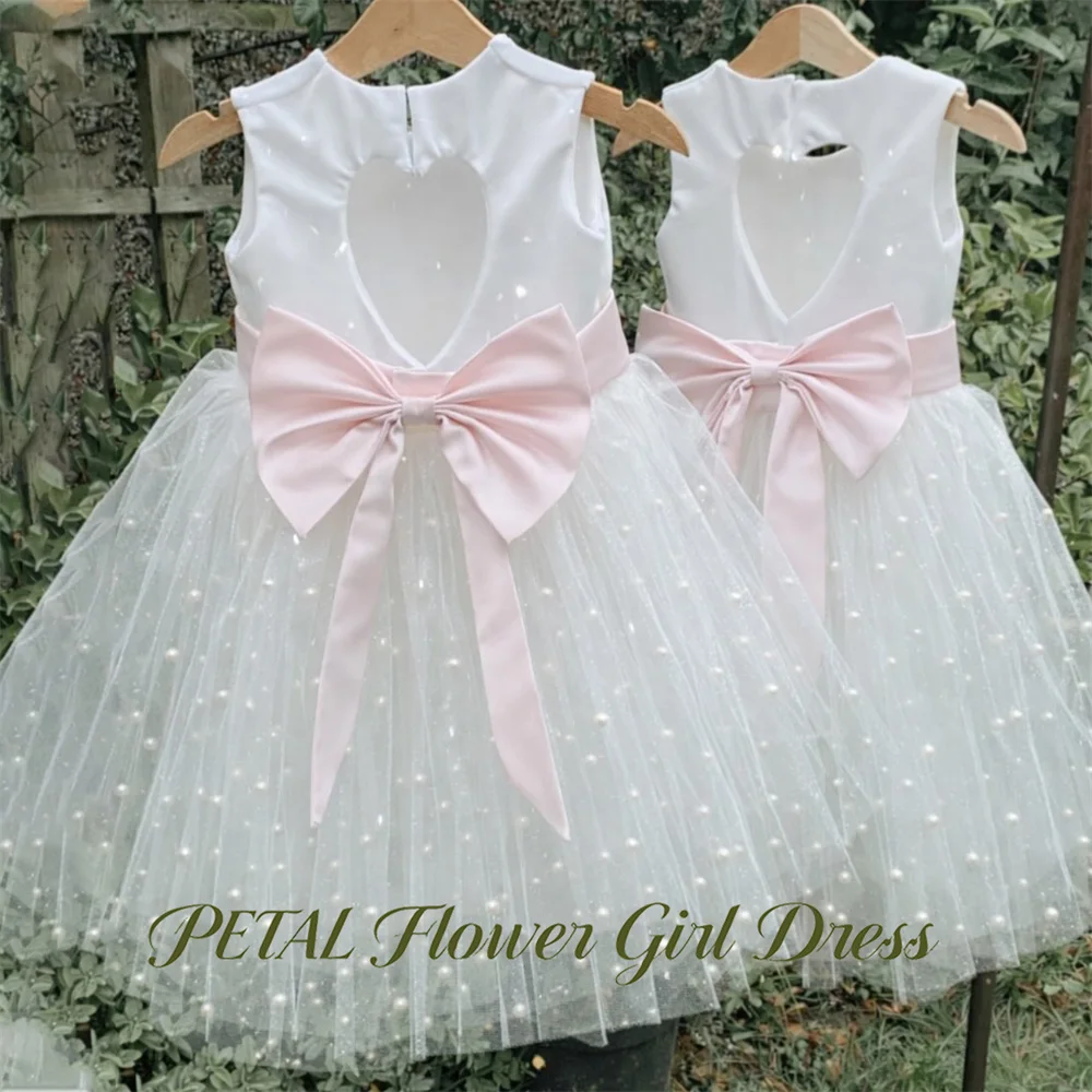 Petal A Line Flower Girl Dress with Pearls Round Neck Baby Kids Birthday Dress White Pageant Dress for Girl Customized