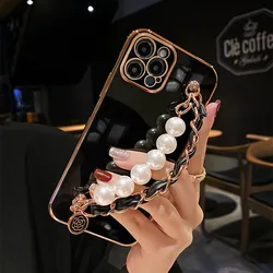 Luxury Fashion Pearl Leather Wrist Chain Bracelet Phone Case For Samsung A24 A34 A54 A25 A52 A72 A32 A22 5G A12 A31 A55 A56 A36