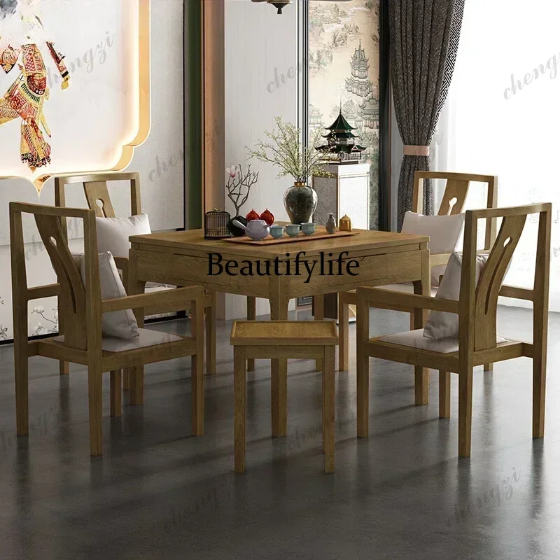 Four Seasons Solid Wood Mahjong Machine Mute Intelligent Automatic Rubber Wood Dining Table Dual-Use Mahjong Table