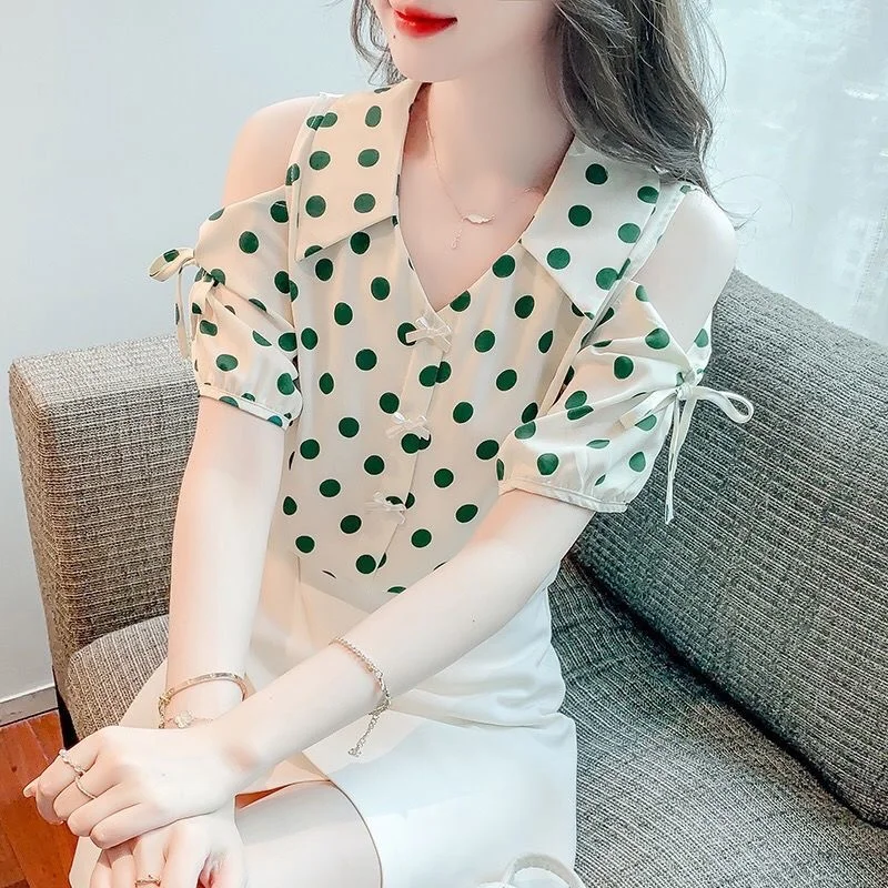 Woman Spring Summer Style Blouses Shirts Lady Casual Short Sleeve Off Shoulder Polka Dot Printed Blusas Tops DD9480