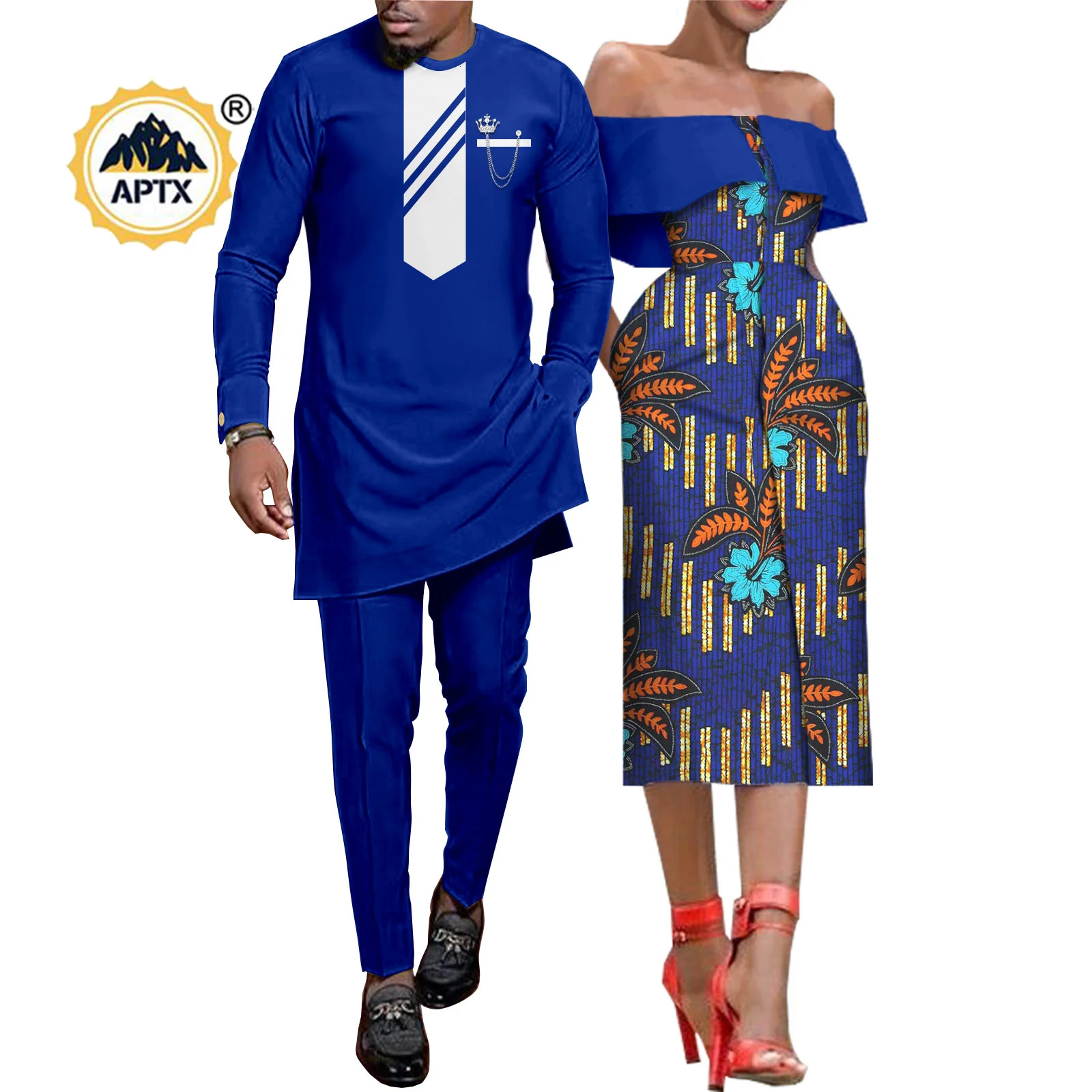 African Clothes for Couple Women Print Off Shoulder Dresses Matching Men Outfits Dashiki Long Vest Shirt and Pants Sets Y22C053