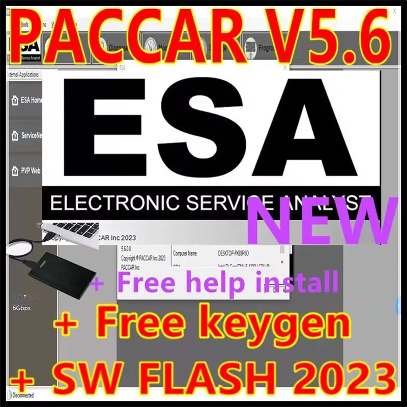 Car Software ESA Electronic Service Analyst 5.6/5.7+ SW Flash Files 2024 / keygen UNLOCK for Paccar install video guide