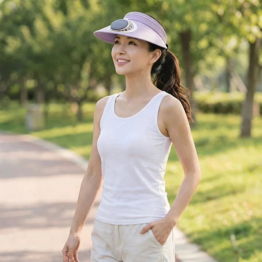 Wide Brim Sun Hat with Fan Solar Powered Fan Empty Top Outdoor Visor Hat Breathable UV Protection Beach Sunshade Hat Women view 4