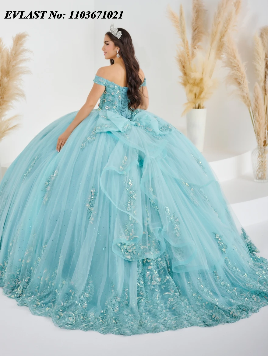 EVLAST Красное платье Quinceanera по индивидуальному заказу, бальное платье с блестками, кружевная аппликация, корсет с бантом из бисера, сладкий 16, Vestidos De XV Anos SQ329