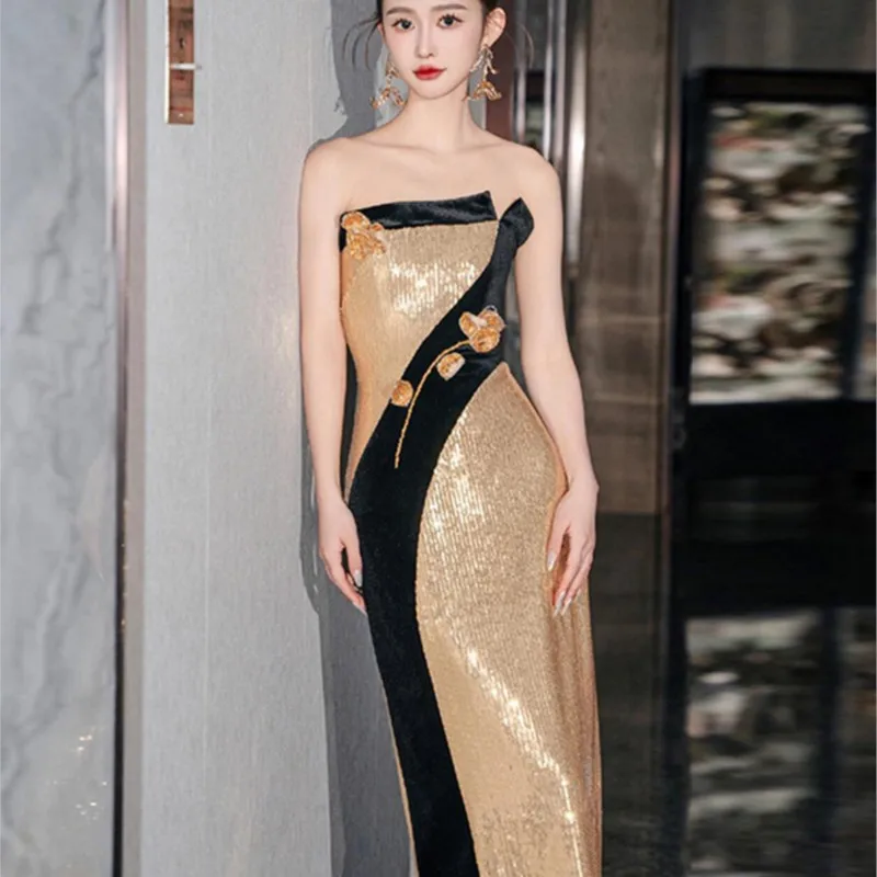 Golden toast dress new style of banquet temperament light luxury sense host wipe chest long