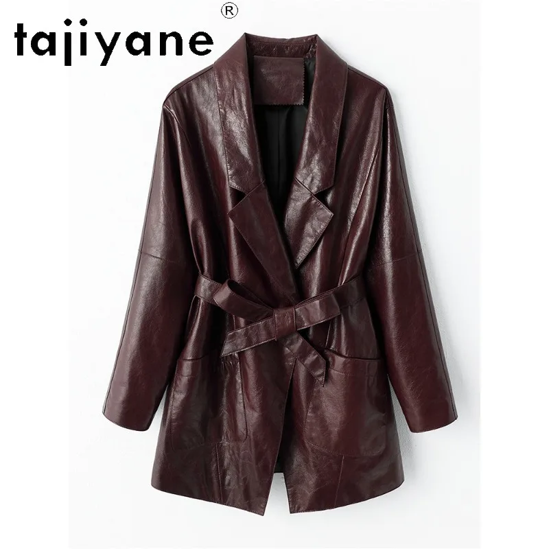 TAJIYANE Oil Wax Top Layer Goatskin Genuine Leather Jacket Women Belted Coats Mid‑Length Outerwear Slim Fit Jackets 2026 Jaqueta