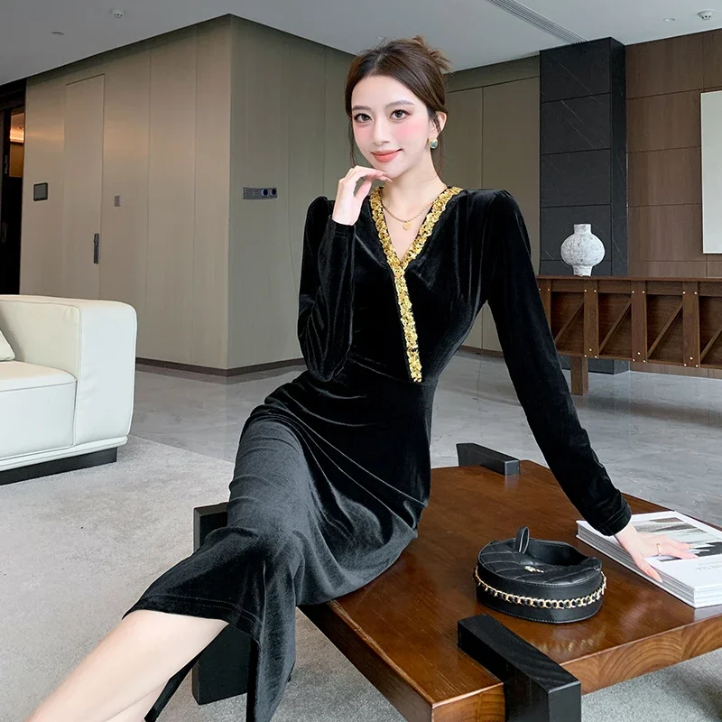 Ofallsis High end Slim Fit Black Velvet Dress 2024 Autumn Winter Light Luxury Heavy Industry Socialite Long Dress Evening Gown