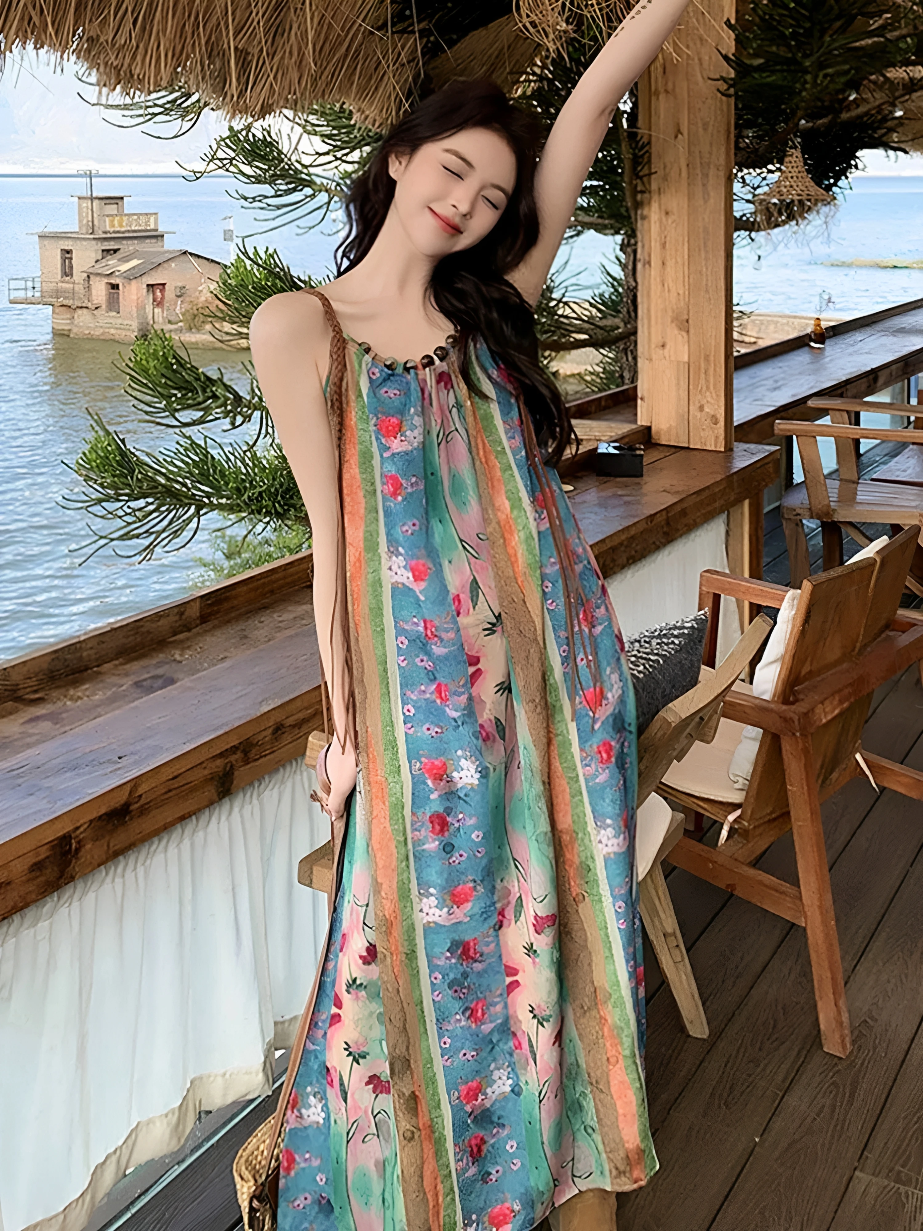 

Vacation Style Vintage Strap Long Dress Summer Beautiful Fairy Tale Floral Skirt Loose Beach Floral Print Women's Dress