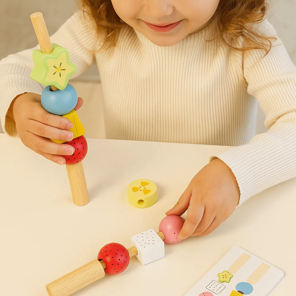 Geometric Fruits Shape Matching Game Montessori Interactive Educational Beaded DIY Fruit Color Shape Wooden Sorting Stacking