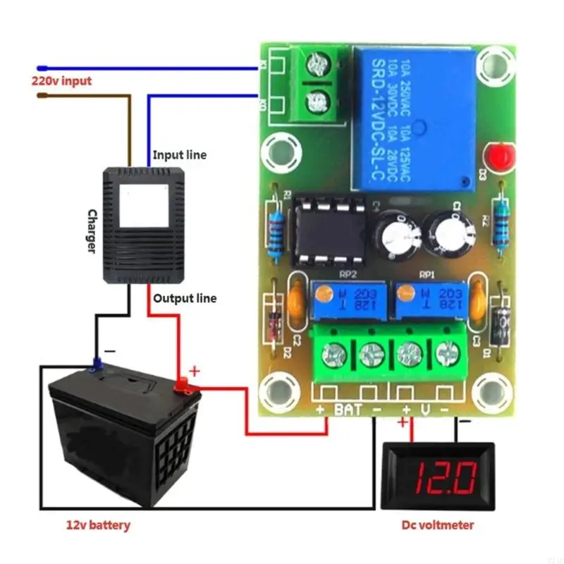 Voltages Controlled Charging Board for 12V Batteries Featuring Relays and LED Indicators for Automatic Energy Saving 77JC