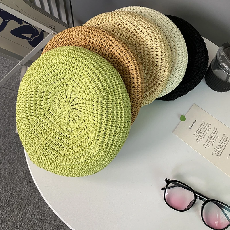 Y2k Sweet Girl Summer Green Straw Openwork Beret Solid Color  Simple Dome Painter Hat  Berets Caps for Women