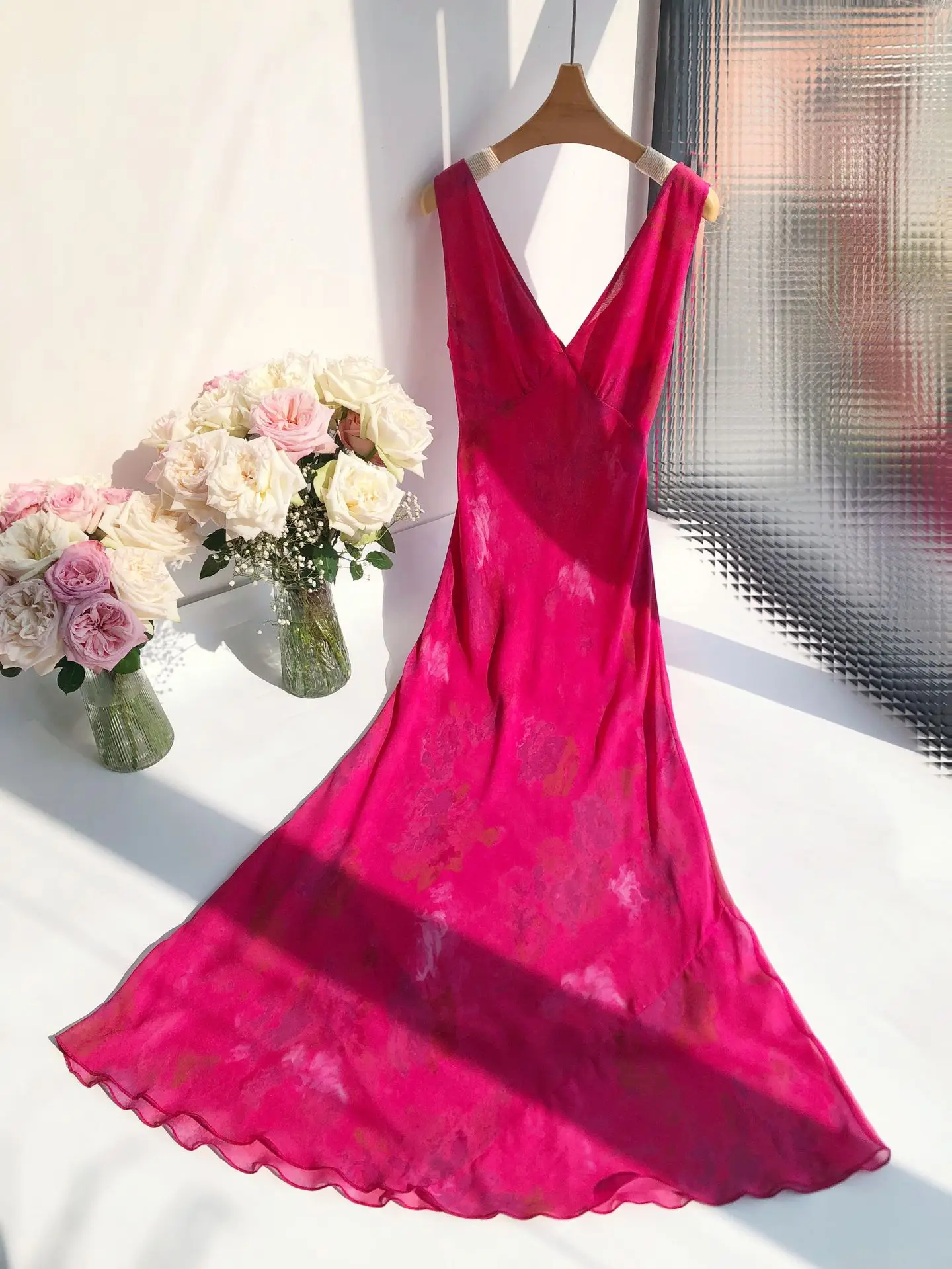 Double Layered Silk Women Vest Dress Red Floral Print V-Neck Sleeveless High Waist Elegant Slim Robe