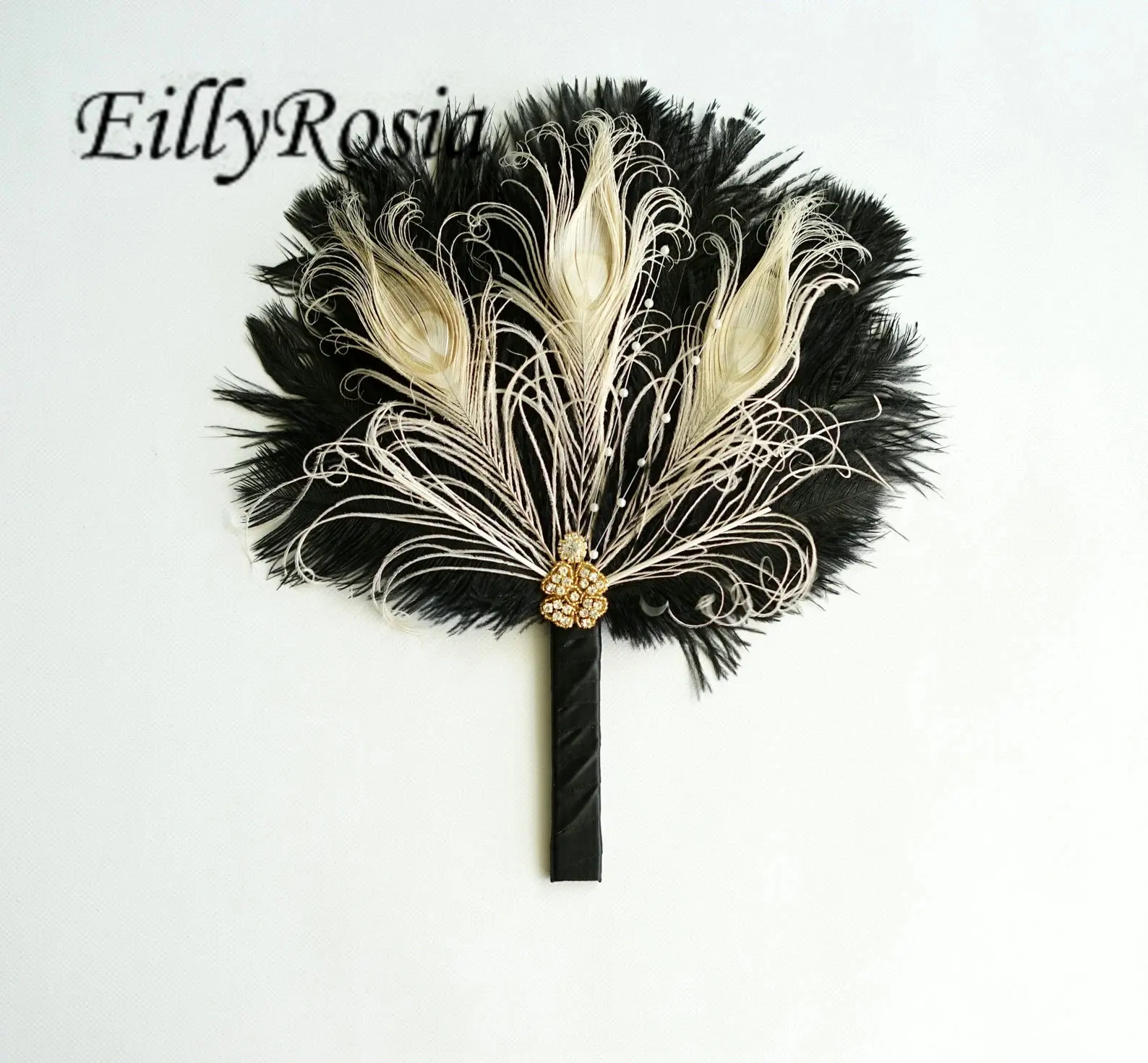 EillyRosia Brooch Black Wedding Feather Fan Gatsby Theme Bridal Bouquet Engagement Hand Fan Brides Roaring 1920's Bouquet