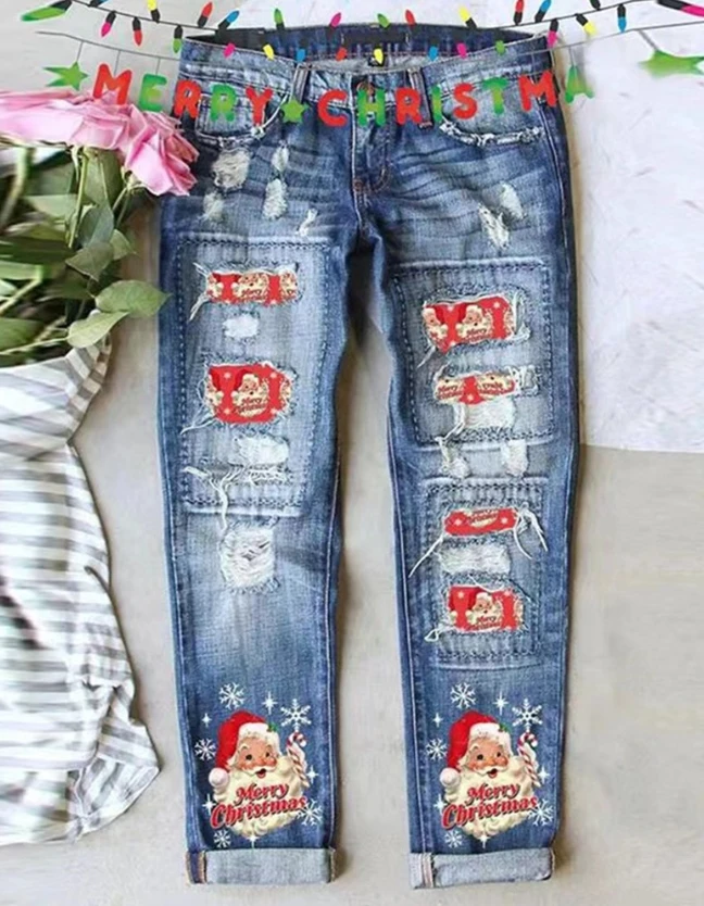 

2023 New Fashion Women's Pants Elegant Merry Christmas Santa Claus Snowflake Print Ripped Jeans Female Trouser Casual Bottom