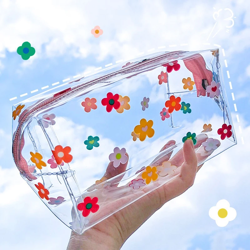 Cute Flower Transparent Pencil Case PVC Pencil Bag Large Capacity Stationery Items Girls Makeup Cosmetic Bag School Supplies