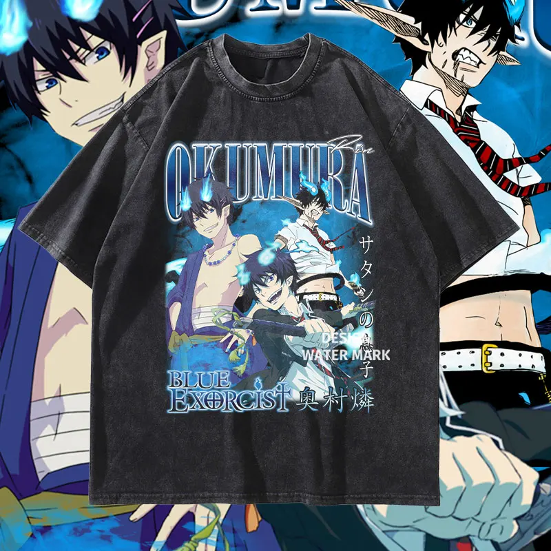 

Anime Blue Exorcist T Shirt Vintage Washed Okumura Rin Yukio T-shirts Streetwear Manga Short Sleeve Tops Tee Men Girl Cotton
