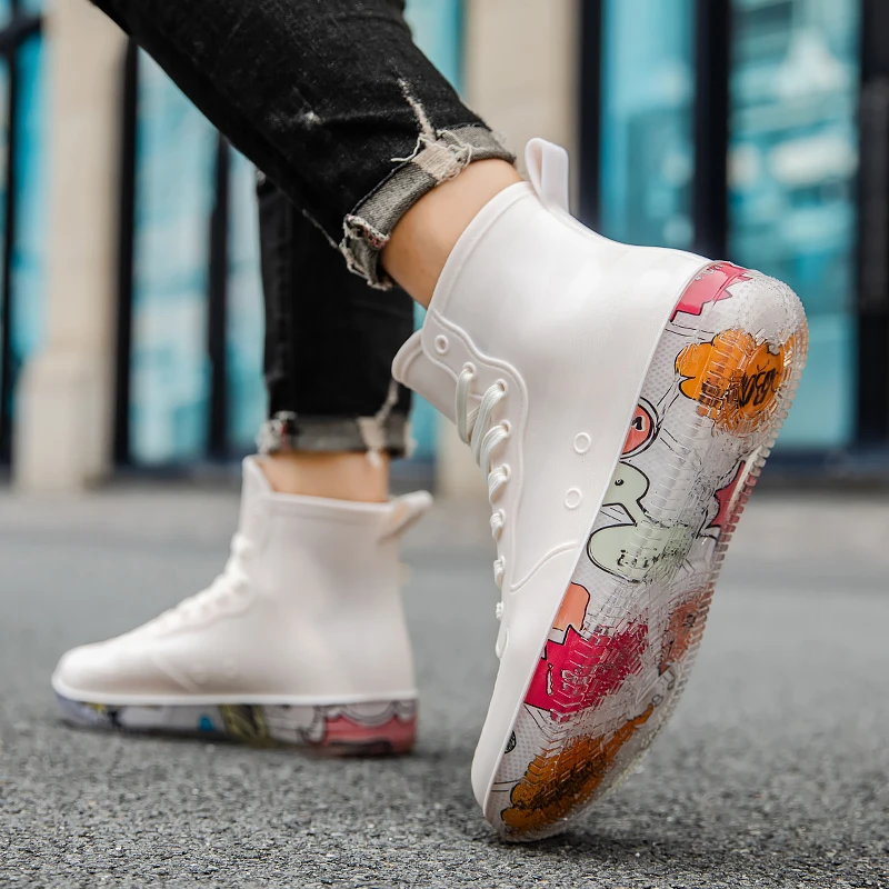Student Short Tube Rain Boots Flat Bottom Waterproof Kitchen Work Car Wash Rubber Shoes for Men And Women Couples Fashion Out...