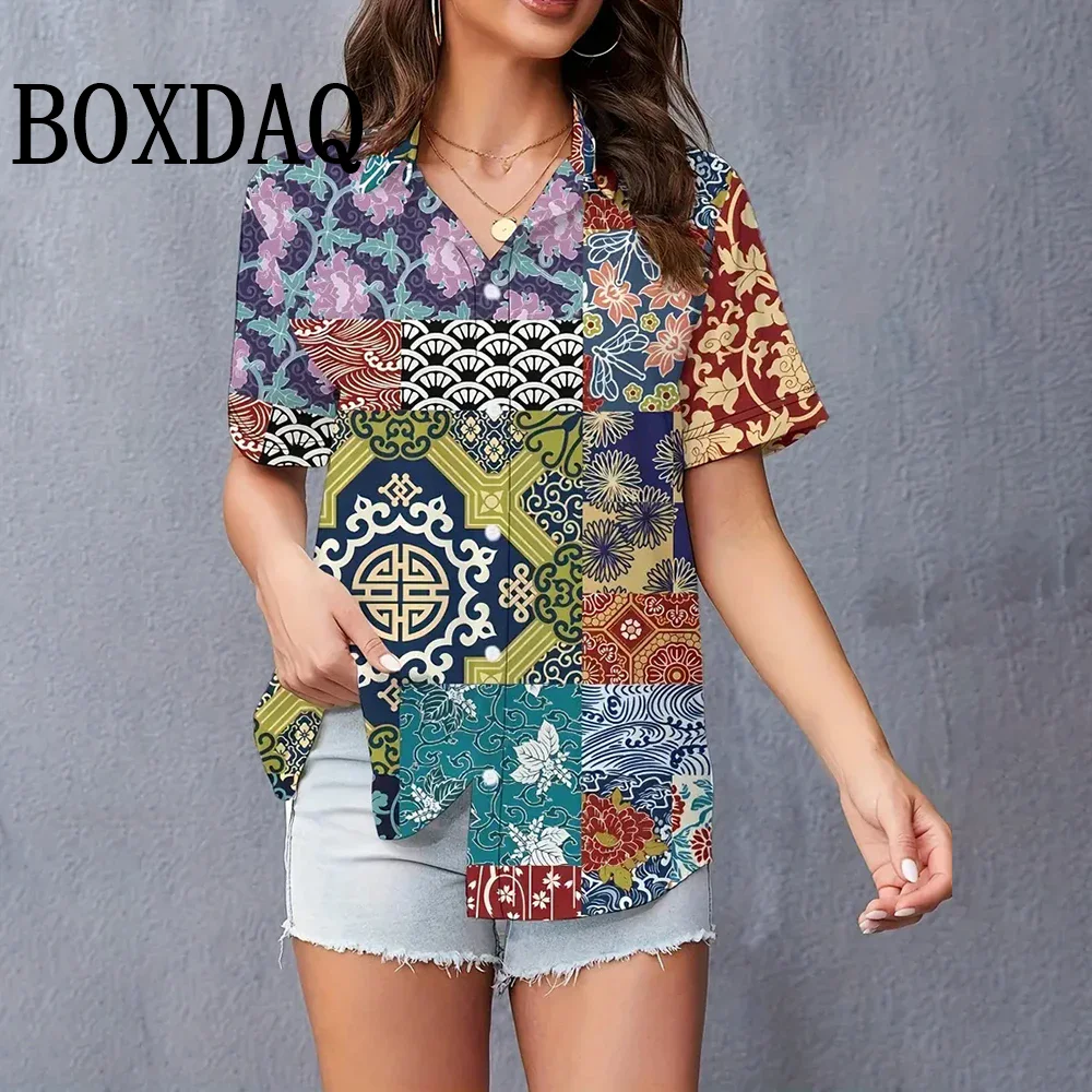 Figure Graphic Button Shirts Summer Women Fashion Oversized Shirts Harajuku Short Sleeve Shirts Hawaii Beach Casual Shirts Tops