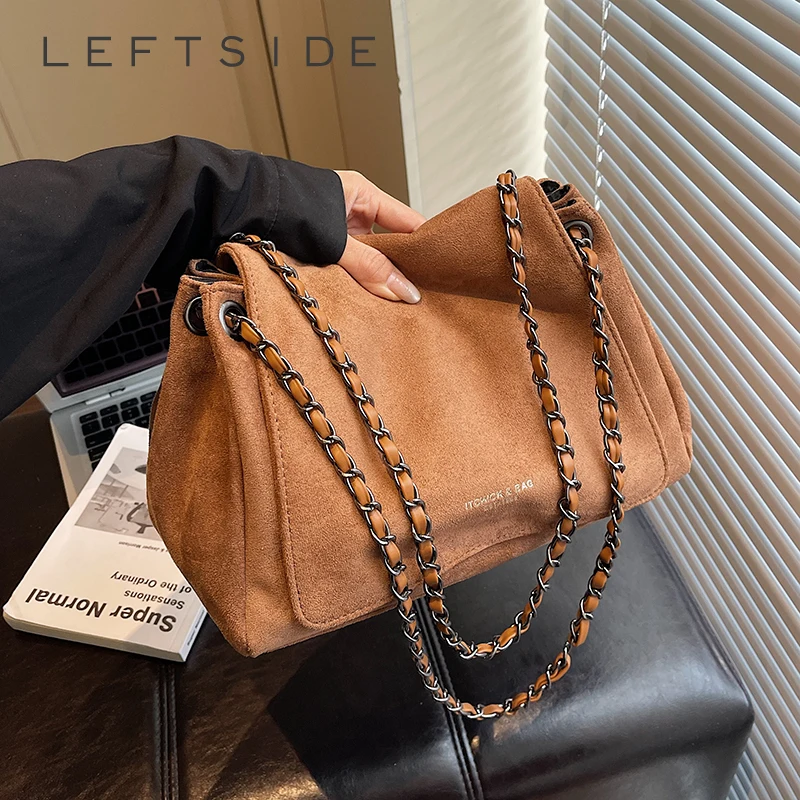 

LEFTSIDE Women Faux Suede Shoulder Bag 2025 Winter Retro Tote Bags Luxury Designer Trend Female Chain Handbags and Purses