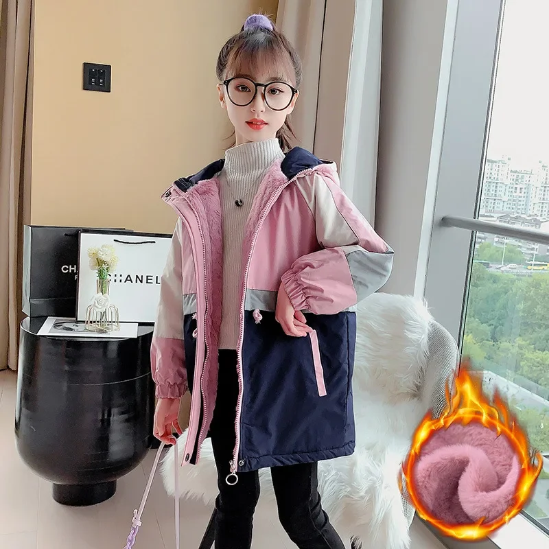 

Girls Winter Jacket Children Pink Windproof Hooded Outerwear Kids Plus Velvet Parka Teenager Thick Warm Snowsuit 6 8 10 11 12 Y