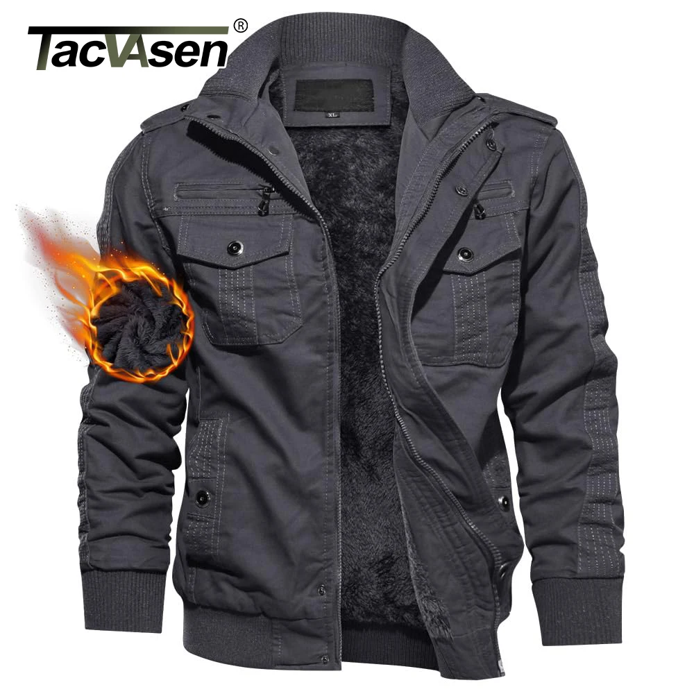 TACVASEN Men's Fleece Lined Thermal Casual Jacket Multi-pockets Stand Collar Full Zip Up Windbreaker Coats Winter Biker Jackets