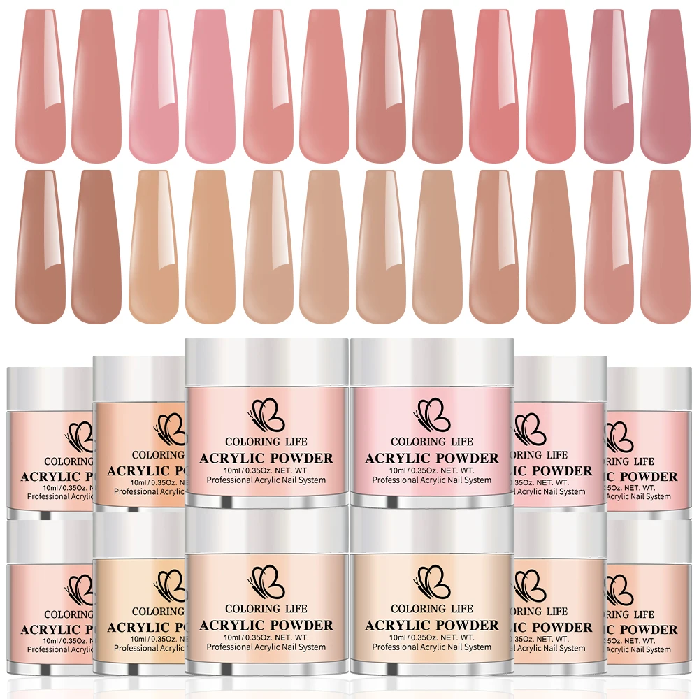 Juego de polvos acrílicos desnudos/rosas, 12 Uds., 3 en 1, para inmersión/tallado/polvo de cristal para uñas desnudas Pastel extendido, polvo acrílico fino para manicura
