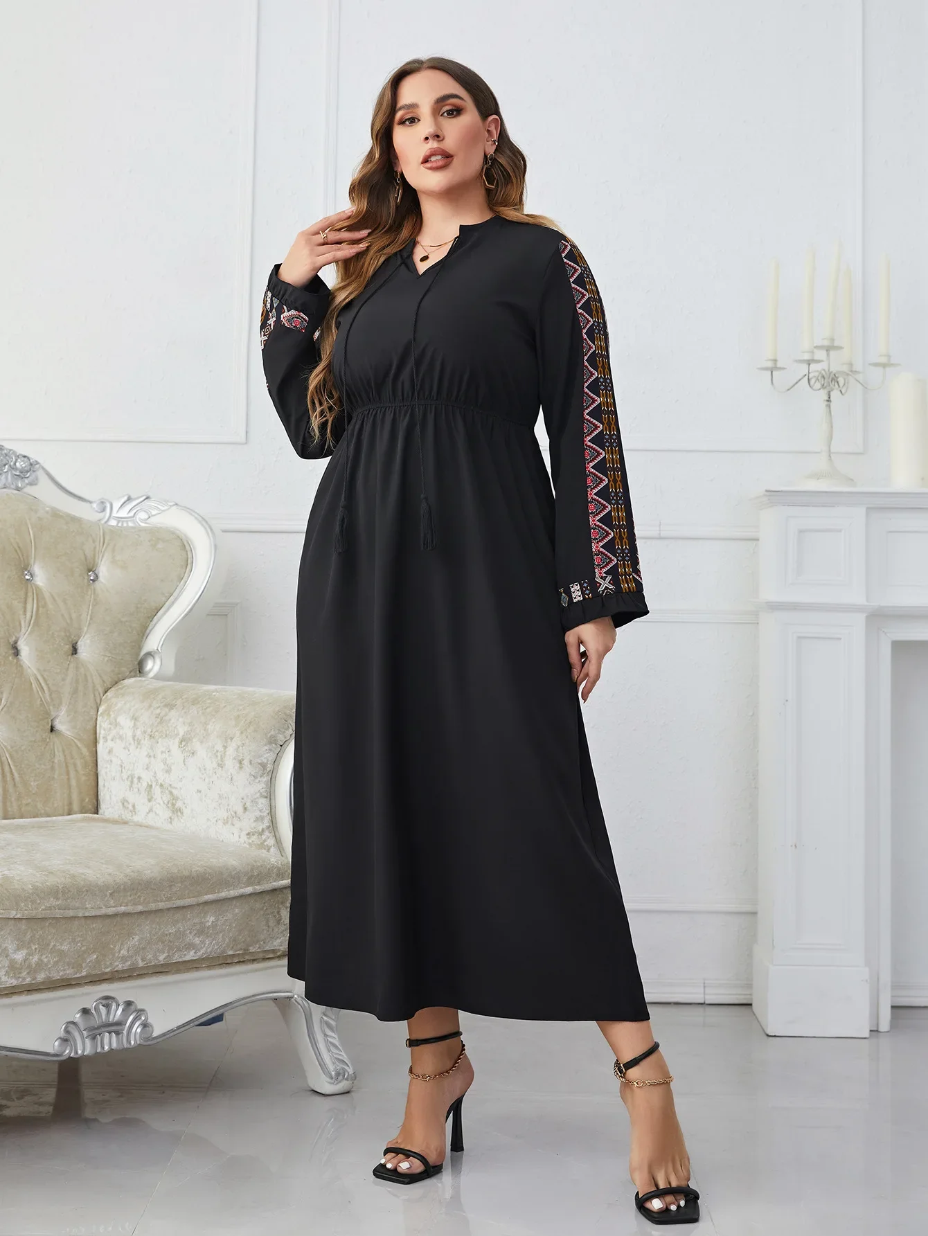 Plus Size V Cut Out Lace-up Neck Women Dresses Solid Long Sleeves Robe Dress Elastic Waist Autumn Female Elegant Clothing Gown