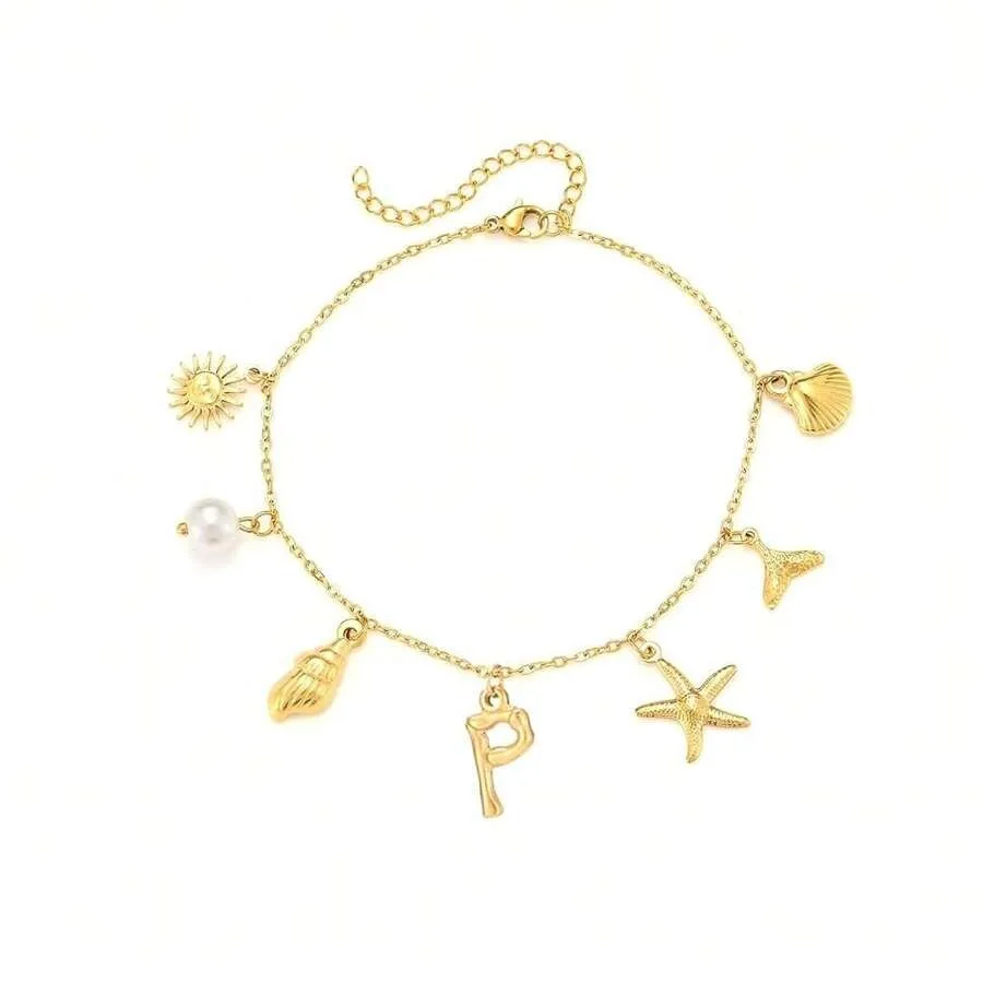 

Gold Seashell Initial Ankle For Women Summer Beach Jewelry Stainless Steel Shell Starfish Charm Ankle Bracelets Women Beachy An