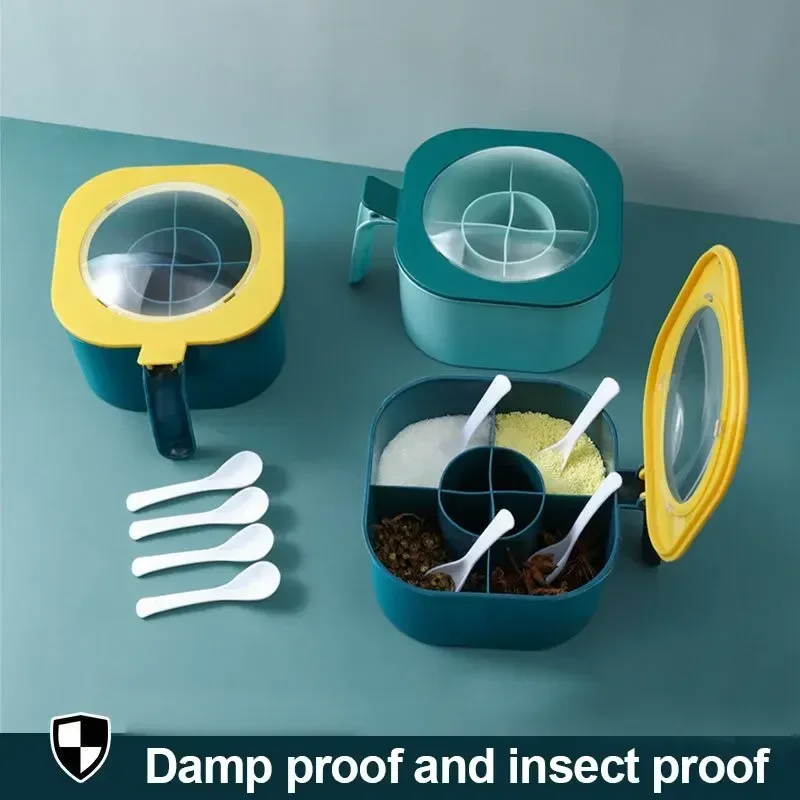 Tarro de especias 4 en 1, caja de condimentos con cuchara, sal, pimienta, especias, macetas, accesorios de cocina, contenedor de condimentos