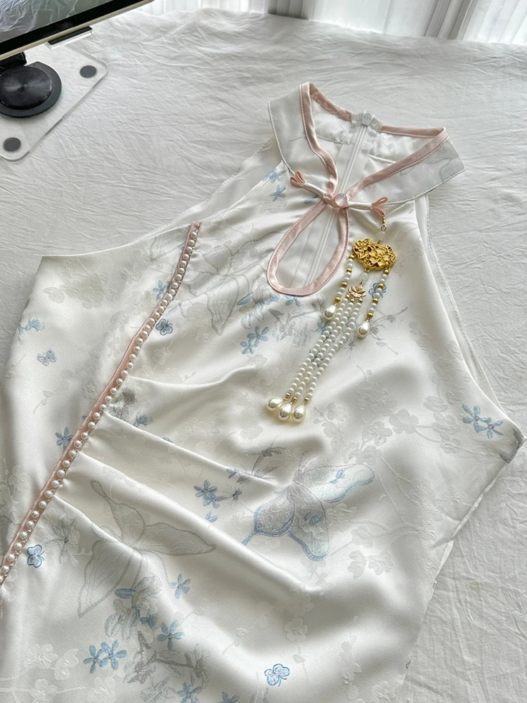 Vintage Pearl Decorated Women's Sleeveless Cheongsam Mini Dress Chinese Traditional Print Halter Neck Side Slit Qipao Dress