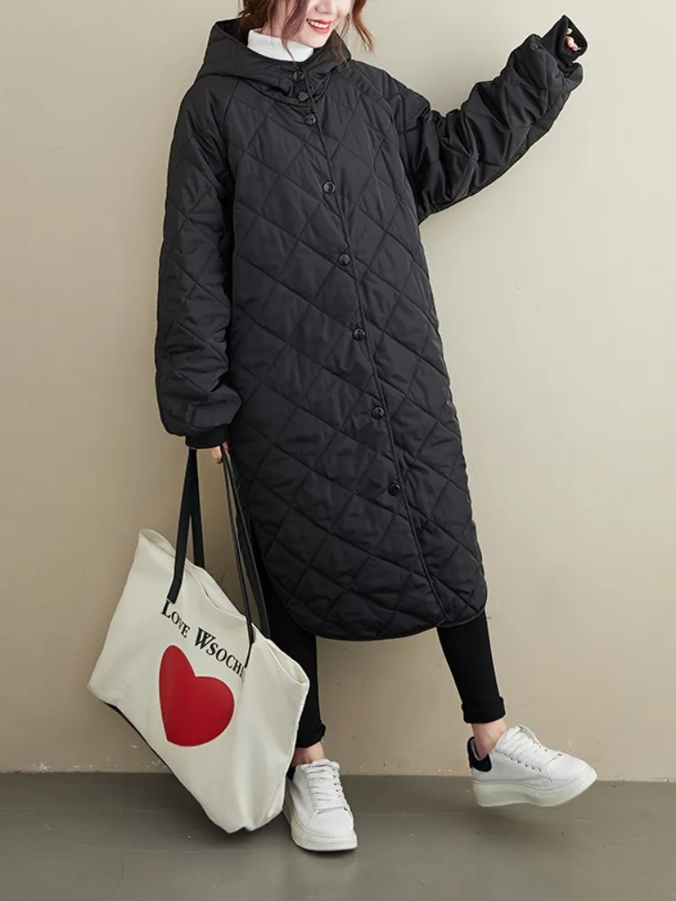 plus Size Long Over-Knee Hooded Thiened Cotton Jaet Women's Lightweight Casual Diamond Pattern Sandwich Cotton Coat