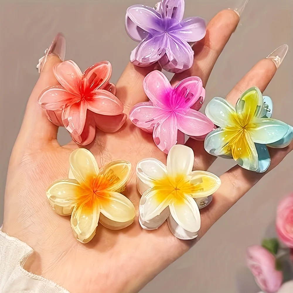 6 Stück Haarspangen mit Farbverlauf-Blumenmuster, aus Polyestergewebe, in verschiedenen Farben, mit Popkultur-Motiv, im modischen Design. – Detail 3