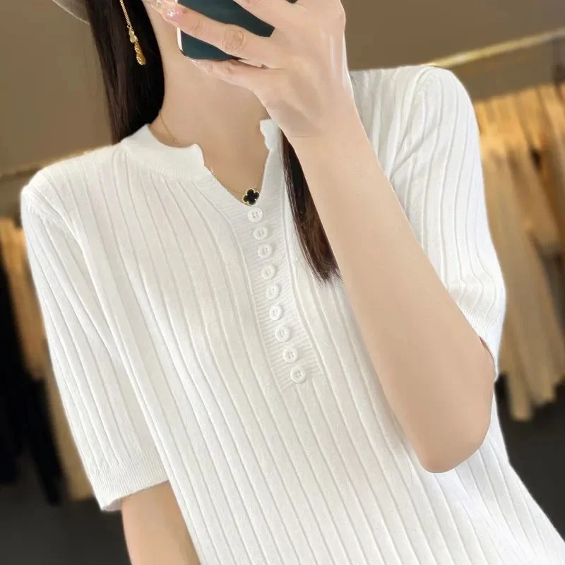 

Женский свитер с коротким рукавом, трикотажные рубашки, приталенные пуловеры в полоску, высокая эластичность, осенне-зимние теплые рубашки