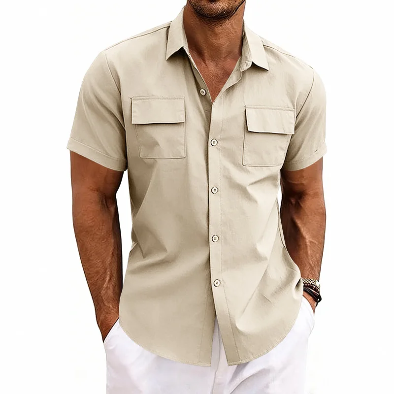 

2026 Men's Casual Short Sleeve Button Down Shirt with Dual Chest Pockets Lightweight Summer Top Multi-color Plus Size Available