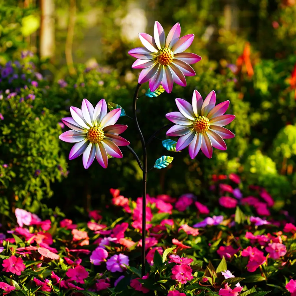 Kinetic Metal Wind Spinner Flower Garden Ornament Outdoor Patio Yard Lawn Rotating Sculptures Iron Art Craft