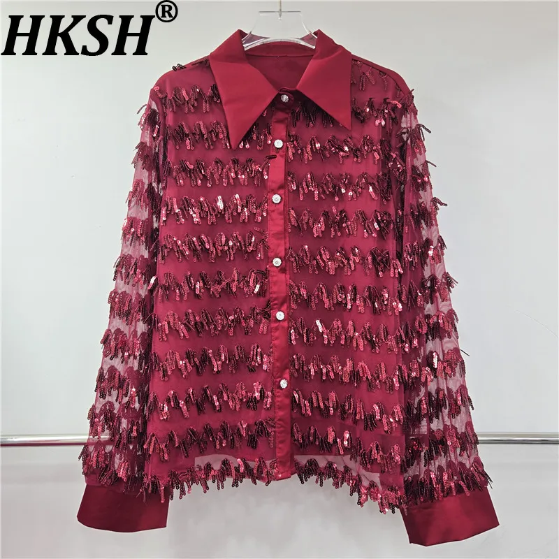 

HKSH весна осень новая женская рубашка с блестками и длинными рукавами модная однобортная универсальная элегантная трендовая блузка шикарный топ HK17500