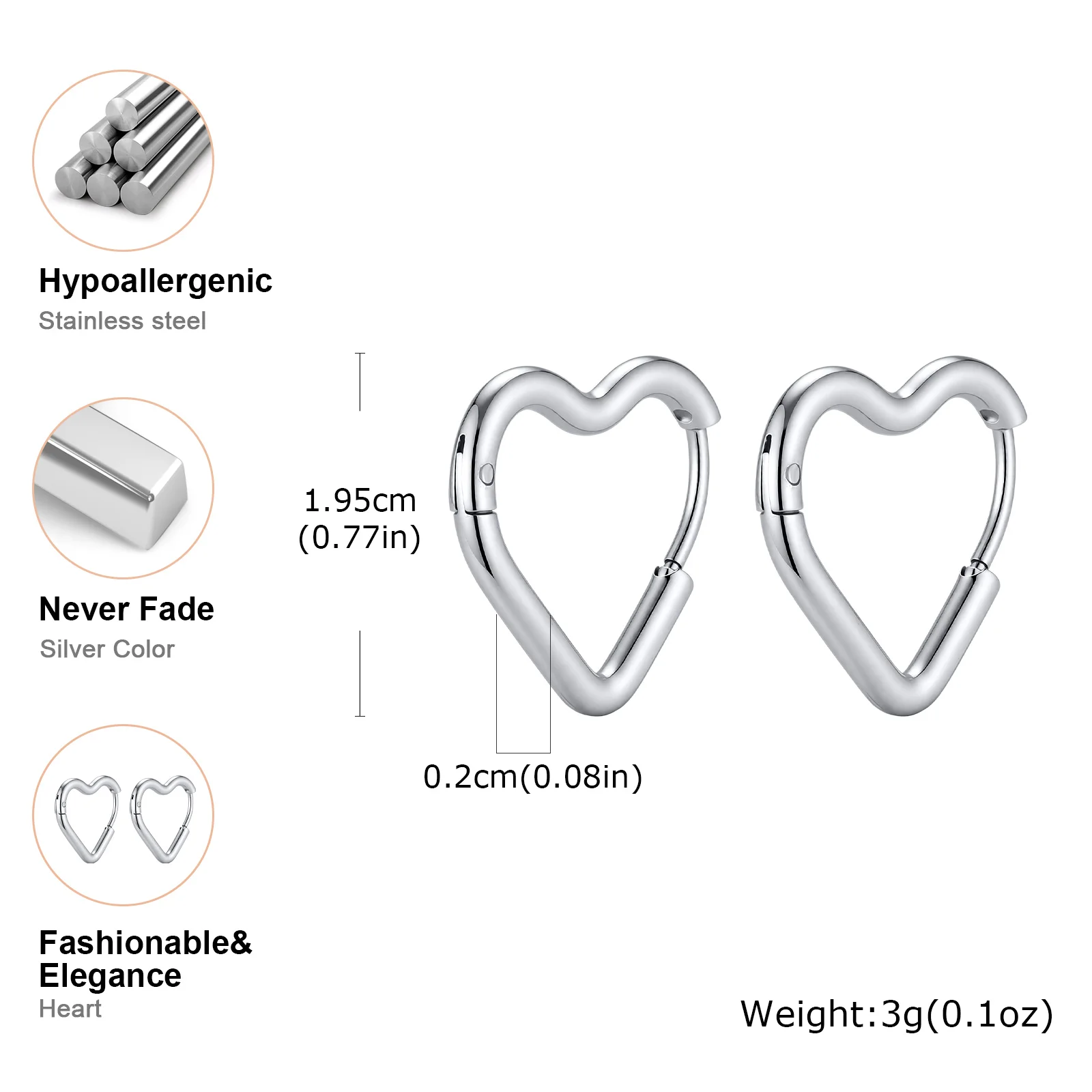 Vnox Minimalist Stainless Steel Heart Earrings for Women Korean Piercing Hoop Earrings Romantic Heart Ear Punk Jewelry