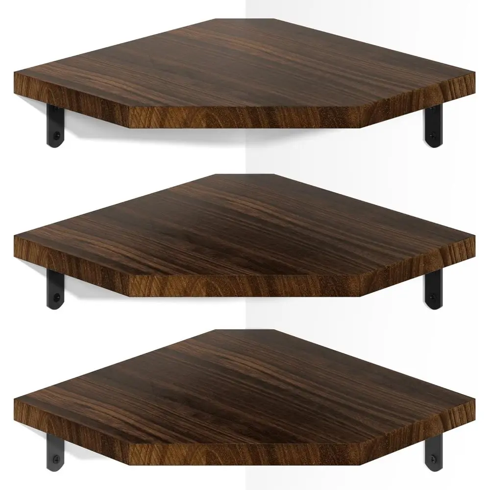 

Set of 3 Rustic Wall-Mounted Corner Shelves with Cord Hole, Carbonized Black for TV, Speakers, and Gaming Consoles in Bedroom, K