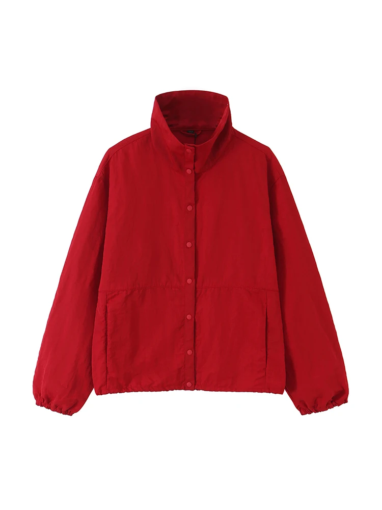 TFMLN Women Red Turtleneck Zipper Jackets Autumn Street Casual Long Sleeve Loose Outerwear Fashion Bomber Coats Tops Female