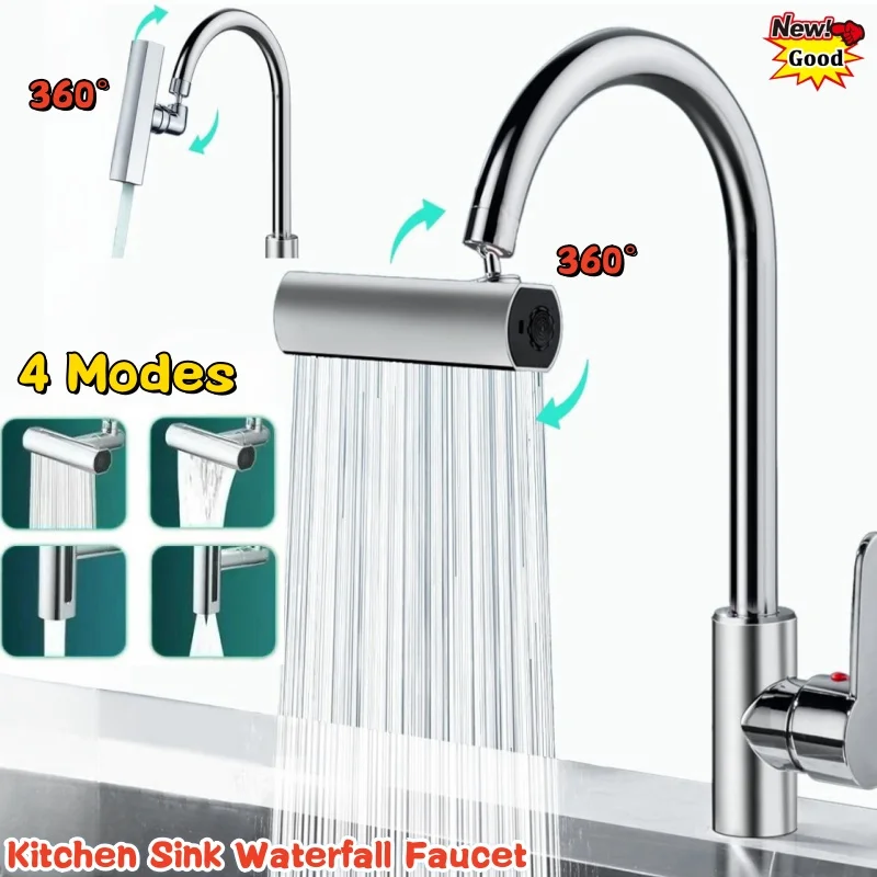 Neuer 4-in-1-Multifunktions-Wasserfall-Wasserhahn für Küchenspüle, unter Druck stehender Bubbler, spritzwassergeschützter Badezimmer-Waschtischarmatur-Verlängerungsadapter