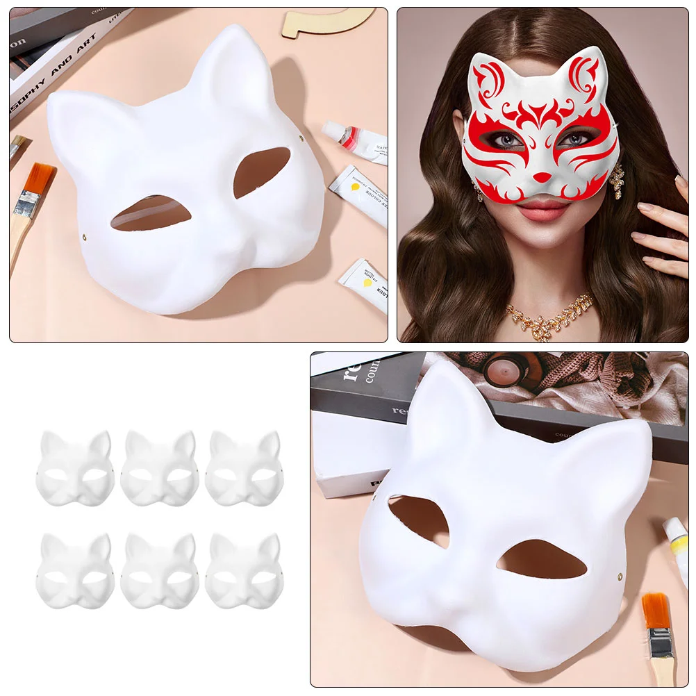 6 Pcs Paper Cat Mask Paintable Blank Halloween Cosplay Accessories Face Men and Women Decor