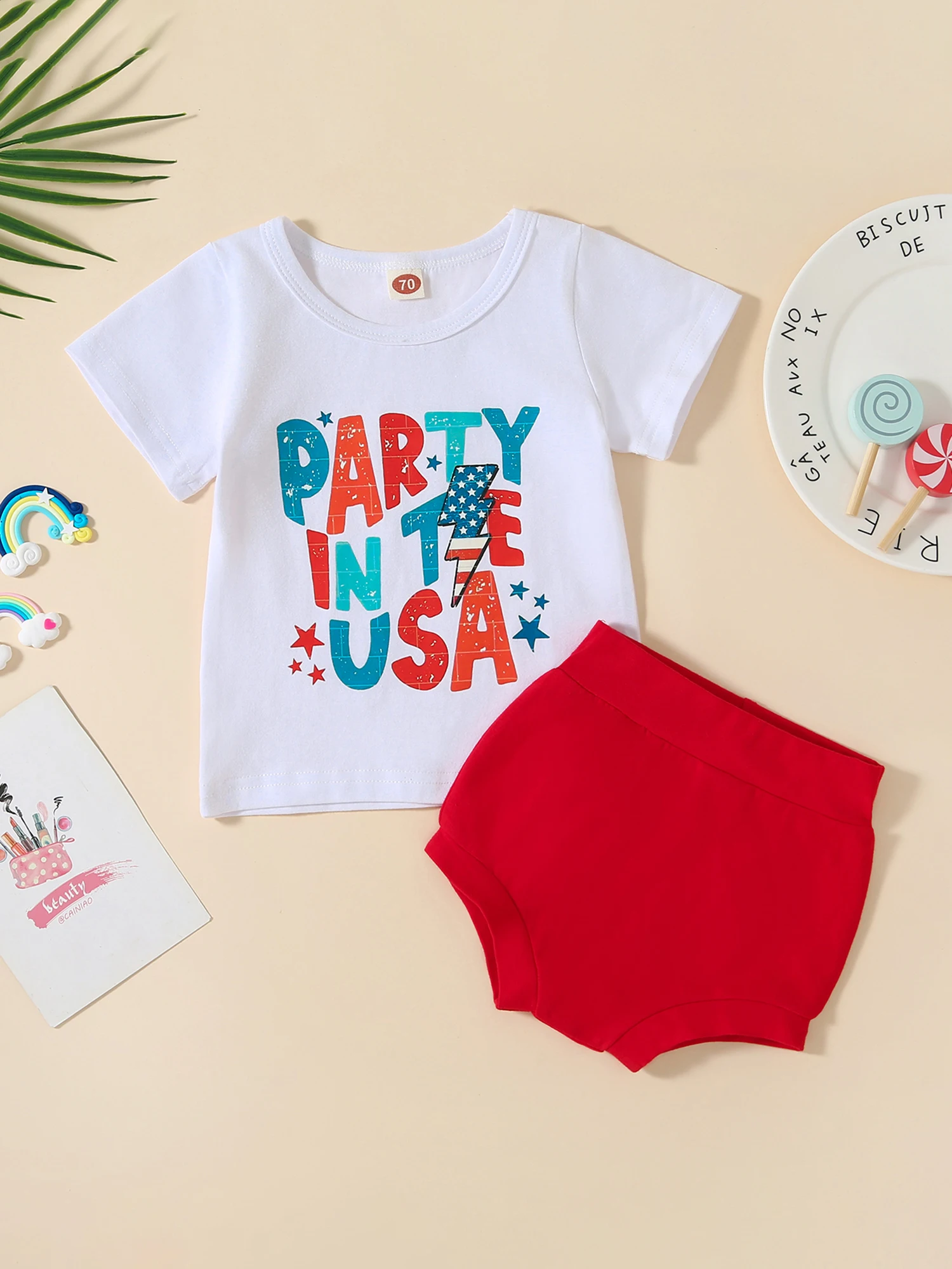 

4th of July Children s Clothing Set with Patriotic Stars and Stripes Print T-Shirts and Matching Shorts for Boys and Girls 2