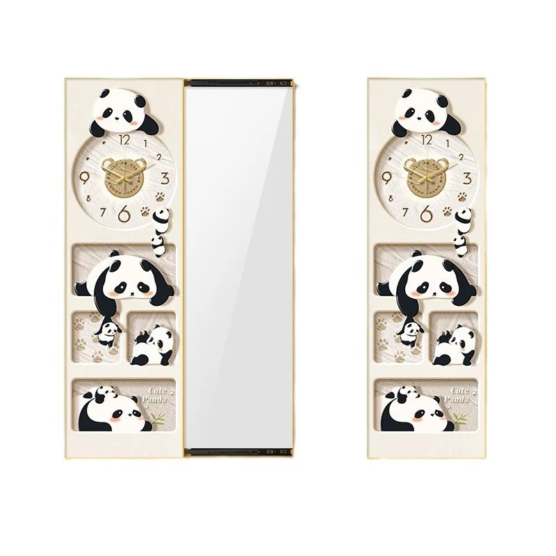 Espejo de cuerpo entero decorativo con diseño de panda, con reloj, invisible, de pared, estilo Cream Wind Push-Pull.