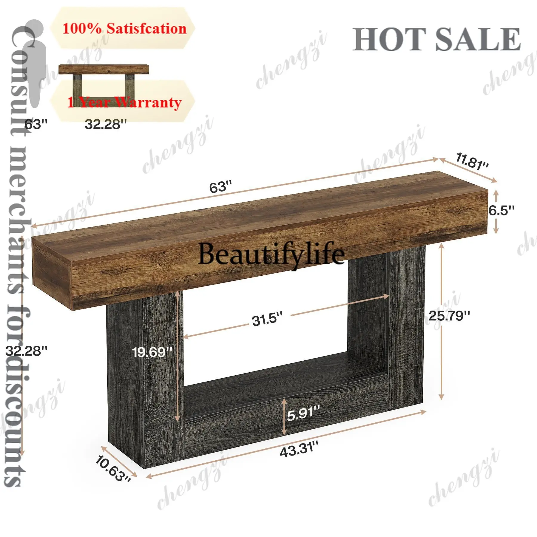 c139   Console Table, Farmhouse 2-Tier Entryway Table with U-Shaped Base,Narrow Long Wood Sofa Table Behind Couch