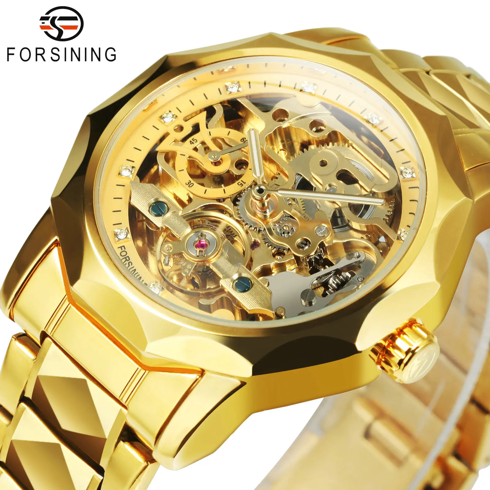 Forsining Gold Tourbillon Skeleton Automatic Watch for Men Fashion Diamond Stainless Steel Strap Luxury Brand Mechanical Watches