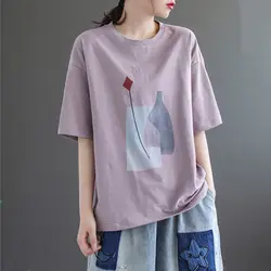 Summer Plus Size Short Sleeve T Shirt Women Vintage Oversized T-shirt Loose Ladies Shirt Casual Tops 100% Cotton