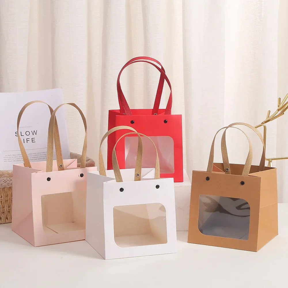 10pcs Window Gift Bags White Simple Solid Color Kraft Paper Bag Holiday Gift Wrap Baking Bag Cake Square Bottom Bag