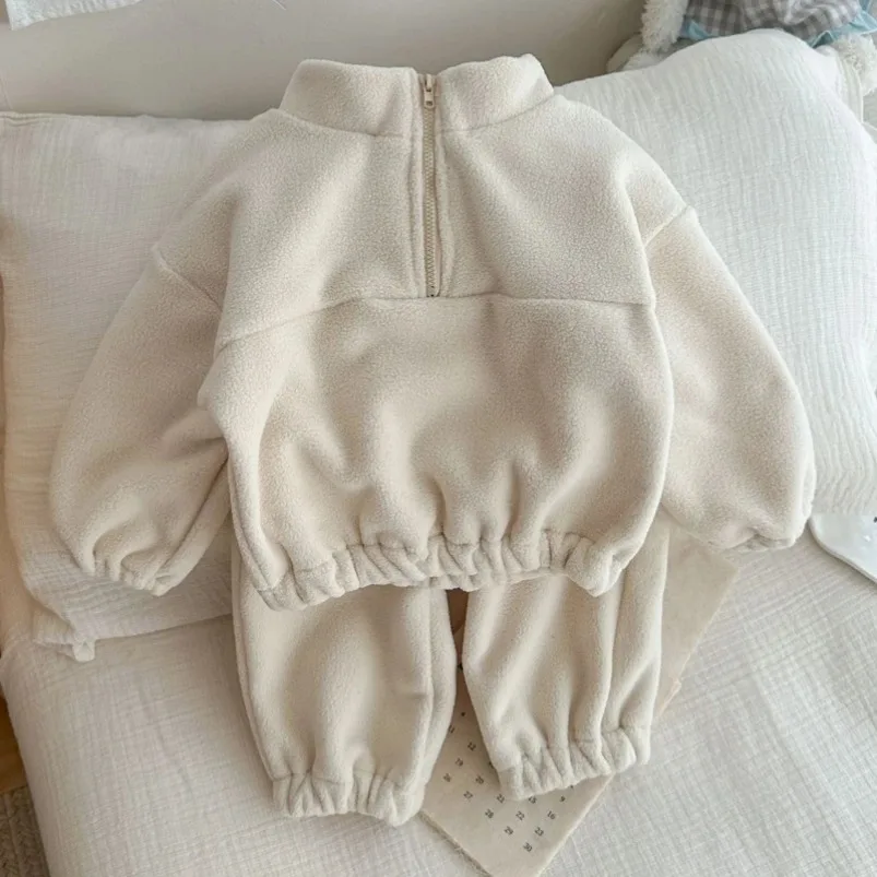 2025 Baby Clothes Sets Girls Boys Coats+Pants 2Pcs Sports Suits Solid Color Thicken Fleece Warm Toddler Winter Casual Tracksuit