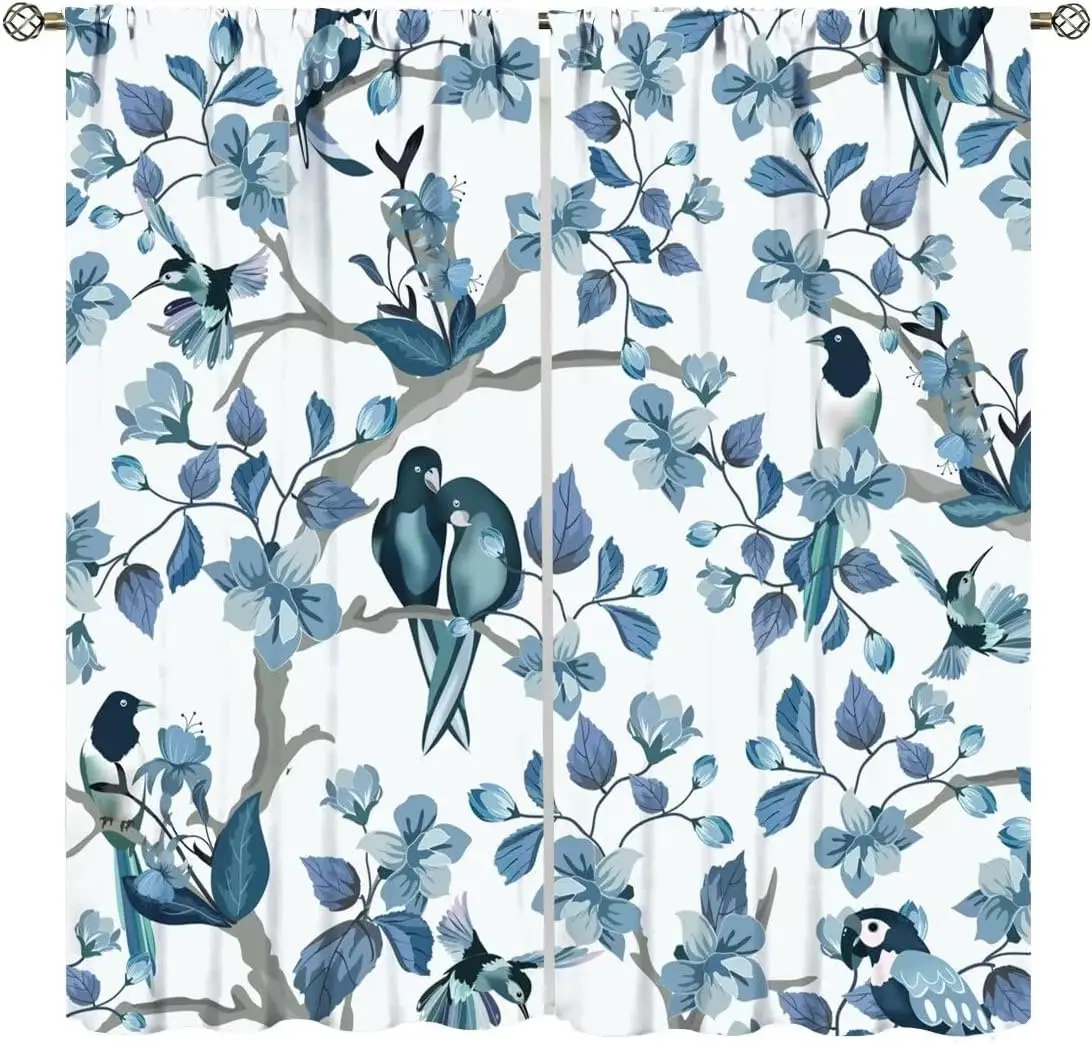 Vintage Blue Flower Tree Branch Bird Window Curtains Romantic Magpie Hummingbird Light Blocking Drapes Cottage Balcony Room